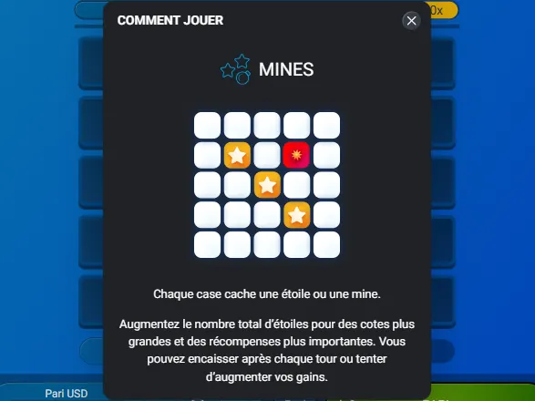 Mines : le panneau Comment jouer du client, avec une grille de cinq cases sur cinq où trois étoiles et une mine rouge sont révélées, et le texte « Chaque case cache une étoile ou une mine »