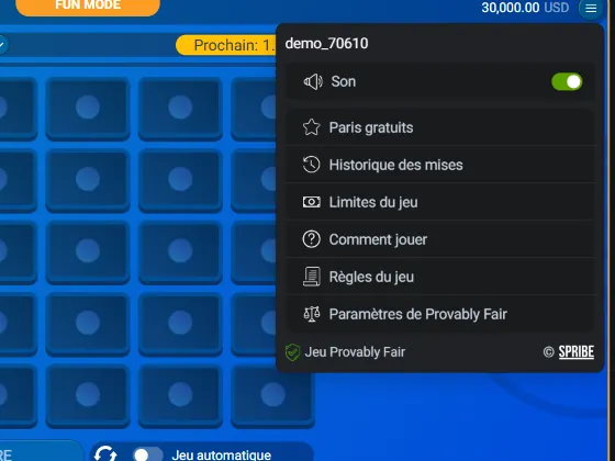 Mines : le menu du jeu ouvert en haut à droite, avec l'interrupteur Son puis Paris gratuits, Historique des mises, Limites du jeu, Comment jouer, Règles du jeu et Paramètres de Provably Fair