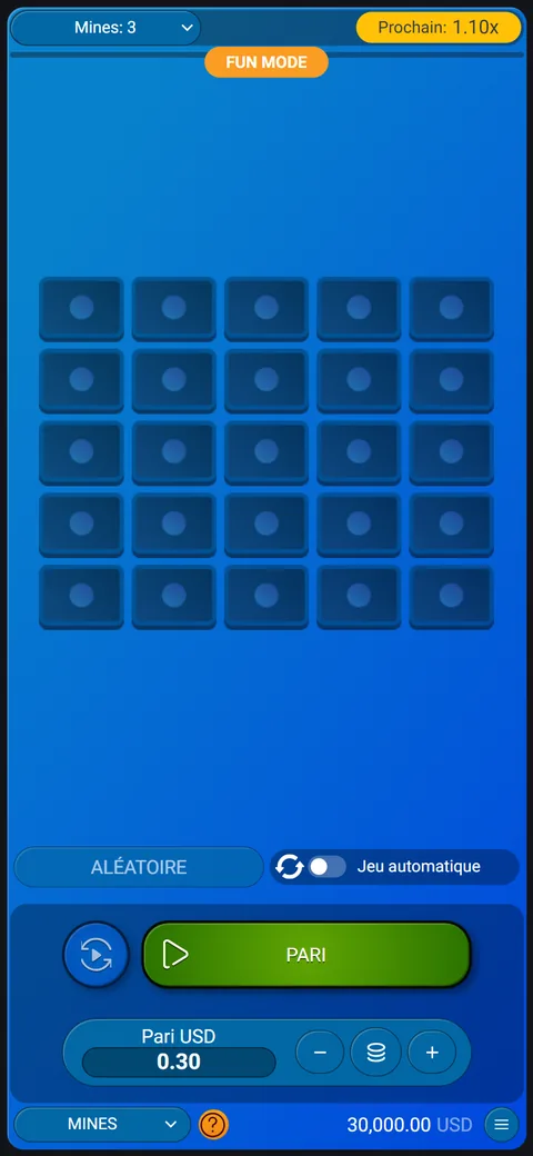 Mines en format portrait sur smartphone : la grille de 25 cases au centre, le bouton PARI et la mise en bas de l'écran