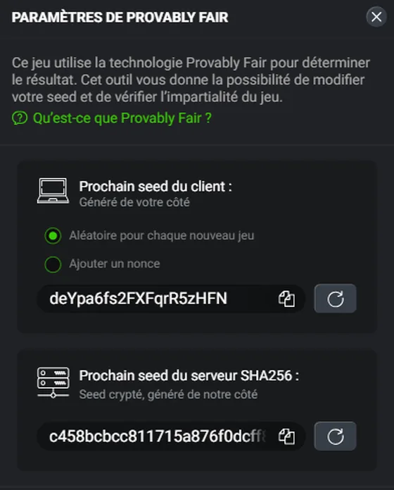 Panneau Paramètres de Provably Fair du client Mines : prochain seed du client généré de votre côté, prochain seed du serveur SHA256 affiché crypté
