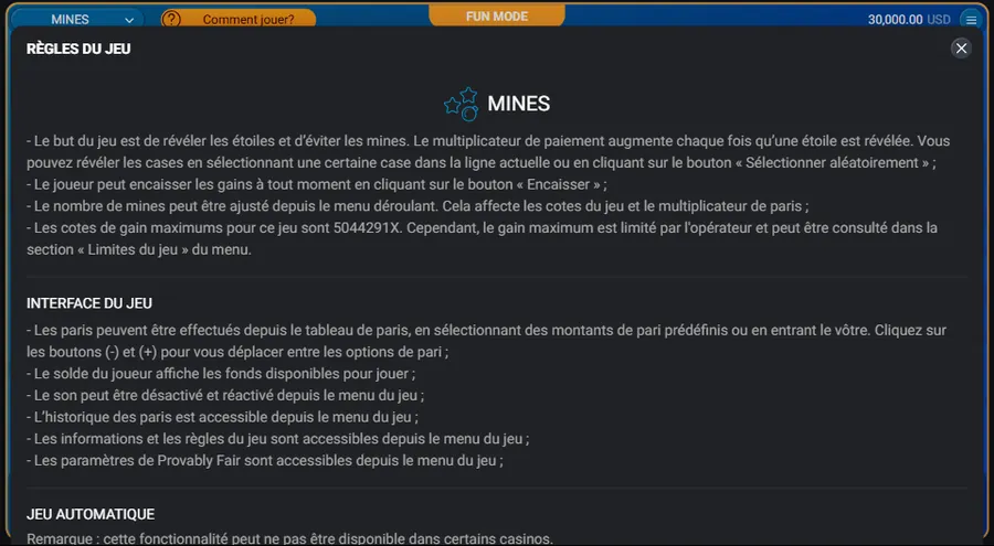 Panneau Règles du jeu du client Mines : le texte indique que les cotes de gain maximums du jeu sont 5044291X, que le gain maximum est limité par l'opérateur et que le nombre de mines se règle depuis le menu déroulant