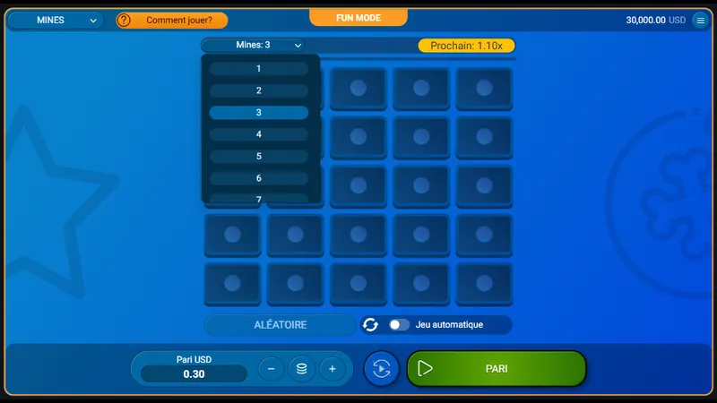 Mines : le menu déroulant du nombre de mines ouvert sur la valeur 3, avec la liste de 1 à 7, le bandeau Prochain 1.10x et la mise de 0,30 USD