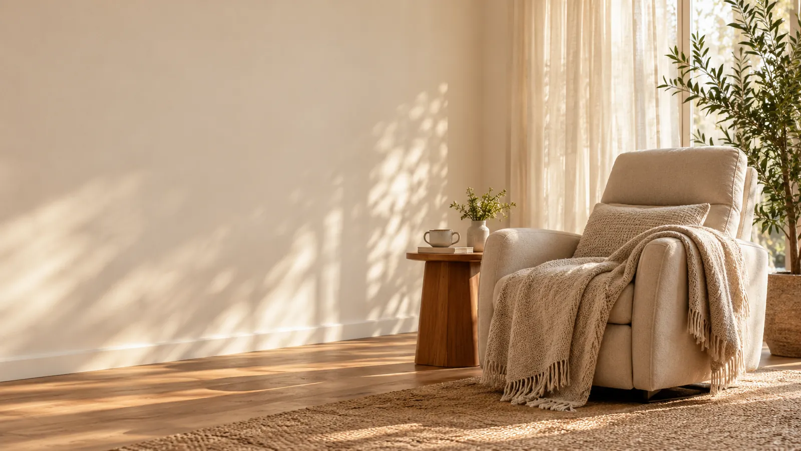 Salle de séance apaisante, fauteuil, plaid et plante, lumière douce filtrée par un voilage